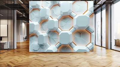 3D geometric hexagonal wall tiles with glowing orange edges creating a futuristic feel Wall mural