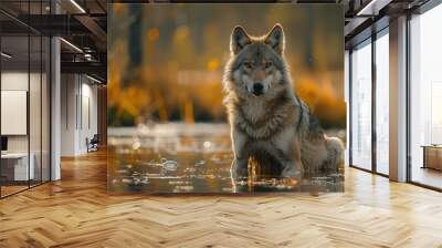 A beautiful gray wolf wading through shallow water with a sunlit golden backdrop Wall mural