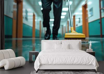 A close-up shot of a floor being scrubbing cleaned, shown with emphasis on the swirling brush motion, illustrating the effort in maintaining floor cleanliness. Wall mural