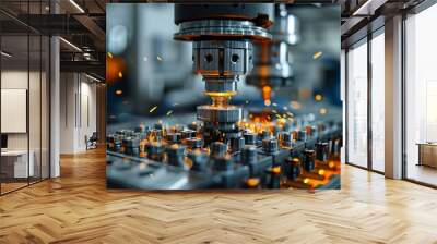 A CNC milling machine with sparks flying while cutting metal The image depicts precision manufacturing and industrial technology Wall mural