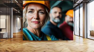 A confident female engineer with an orange helmet stands at the forefront, with two male colleagues blurred in the background, highlighting leadership and teamwork. Wall mural