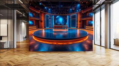 A contemporary news studio set with glowing orange elements and a large digital globe as the focal point Wall mural