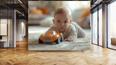 A curious toddler crawls towards a toy car, his human face filled with wonder and excitement as he explores the indoor world of baby toys Wall mural