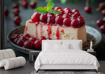 a delicious slice of cherry cheesecake adorned with plump cherries and mint on a rustic plate, perfe Wall mural