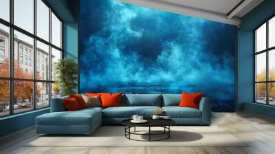 A dreamscape with a ghostly presence, this image showcases ethereal blue smoke curling against a pitch-black background Wall mural