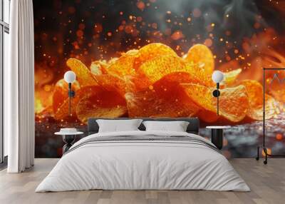 A fiery feast awaits as a stack of sizzling chips radiate heat and emit sparks of amber fire, tempting the taste buds with their vibrant orange flame Wall mural