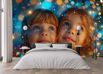 A heartwarming portrait of two young girls gazing up at the camera with wonder, surrounded by the magical glow of a christmas tree, capturing the innocence and joy of the holiday season Wall mural