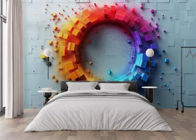 A high-tech conceptualization featuring circular data blocks erupting in a colorful array, symbolizing information processing or digital creativity Wall mural