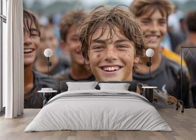 a joyful, muddy young boy smiling widely with his similarly dirty teammates out of focus in the back Wall mural