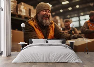 A joyful worker wearing an orange vest and gloves is handling packages in a warehouse, his laughter and enthusiasm infectious amidst the stacks of cardboard boxes. Wall mural