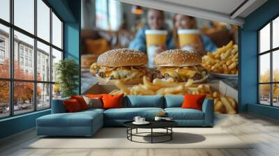 A mouthwatering close-up shot capturing two cheeseburgers with fries in a diner, bokeh lights in background Wall mural