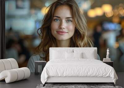 A naturally beautiful young woman poses indoors with a gentle and confi Wall mural