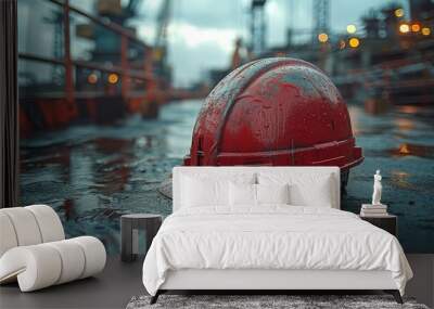 A red safety helmet is wet with rain on a metallic ground with an offshore oil rig blurred in the background Wall mural