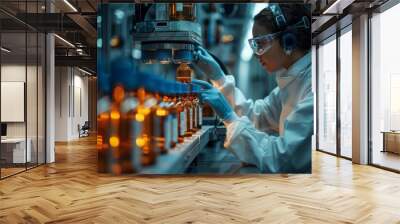 A researcher in a lab coat and VR headset is closely inspecting a vial in a high-tech pharmaceutical laboratory with blue tones Wall mural