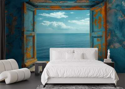 a serene ocean landscape seen through an antique blue window frame, evoking a sense of peace and nos Wall mural