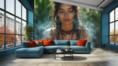 a serene woman with tribal adornments prays surrounded by smoke in a natural setting Wall mural