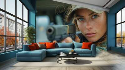 A serious-looking woman points a handgun towards the camera with a tactical environment in the background Wall mural