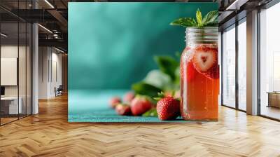 A single clear glass jar filled with bubbly strawberry drink crowned with fresh mint leaves, creating an enticing beverage presentation on a turquoise background. Wall mural