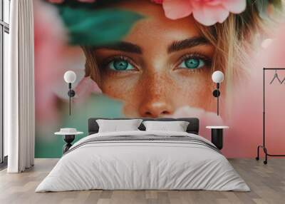 A striking close-up of a woman's freckled face with intense blue eyes peering through a floral arrangement of pink flowers, full of mystery and grace. Wall mural