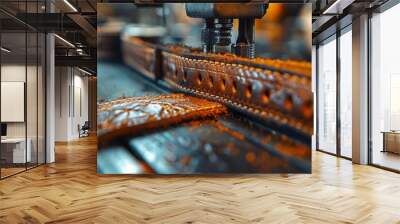 A sturdy steel machine effortlessly sews leather belts indoors, its metal track glinting in the light, the rust on its surface adding character to its precise work Wall mural