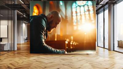 A thoughtful man kneels in prayer within a sunlit church interior, surrounded by glowing stained glass, symbolizing faith, hope, and the divine in a sacred space. Wall mural