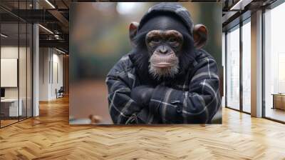 A thoughtful monkey in a black winter coat sits against a blurred background, face hidden Wall mural