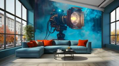 A vintage camera surrounded by smoke and dramatic lighting on a cobbled surface Wall mural