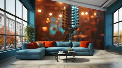 A vintage microphone illuminated by warm ambient lighting in the foreground of a music studio Wall mural