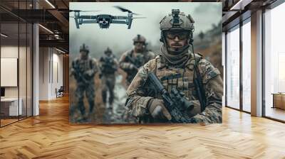 A vivid depiction of a commando unit in formation with a drone above, set against a misty natural landscape, faces hidden Wall mural