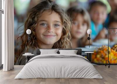 A young girl with curly hair smiles at the camera while sitting at a table with plates of food and blurred friends in the background Wall mural