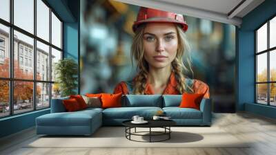 A young woman confidently dons her hard hat, a symbol of hard work and determination, as she prepares to take on the challenges of the construction site in her fashionable blue workwear, showcasing h Wall mural