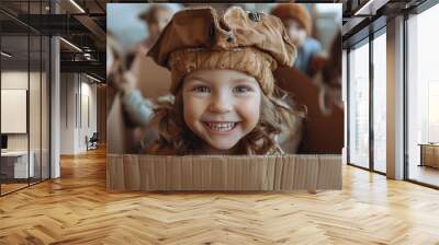 Adorable young girl playing as a pirate in a cardboard box surrounded by playmates, showcasing imagination and joy Wall mural