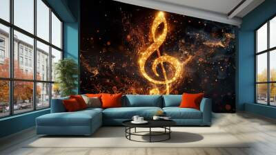 An abstract image featuring a fiery musical note with sparks and smoke, suggesting the burning passion for music Wall mural