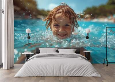 An adorable child with a joyful expression swimming in a pool, emphasizing childhood joy and summer fun Wall mural