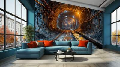 An expansive underground tunnel with rail tracks glistens under warm artificial light, showcasing a mining environment Wall mural