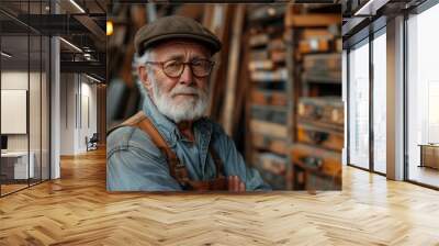 An experienced craftsman stands confidently in his well-equipped woodworking shop, full of tools and wood Wall mural