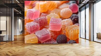 an inviting close-up of sugar-coated gummy candies in various shapes and colors, highlighting their  Wall mural