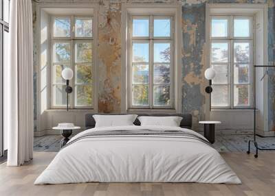 An old room displaying the passage of time with flaking blue paint and an array of natural light coming through large windows Wall mural