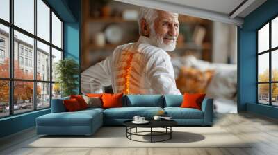 An older adult faces away, showing a superimposed digital vertebral column, highlighting back pain or spinal health issues in seniors Wall mural