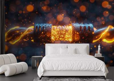 Brilliant sparks and flowing electricity between two power cables, symbolizing energy and intense connectivity Wall mural