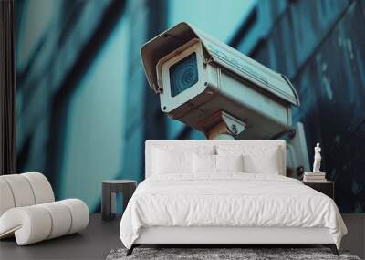 close-up of a security surveillance camera mounted on a dark blue textured building wall with select Wall mural