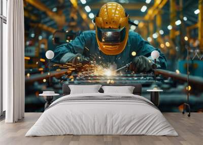 Construction worker in hard hat and safety gear working with intense welding sparks in industrial setting Wall mural