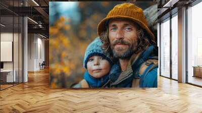 father with a beard and his young child in matching yellow hats are enjoying a hike in nature Wall mural