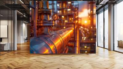 Golden sunlight bathes an industrial landscape of pipelines and distillation columns, illustrating energy and industry at dusk Wall mural