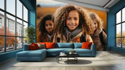 Group of teen girls walking through the field and smiling Wall mural