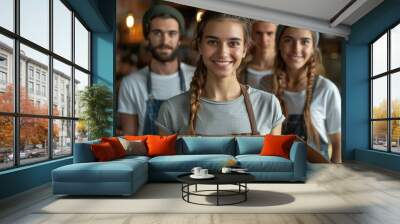 Group of young workers holding a pizza, smiling confidently in a casual restaurant Wall mural