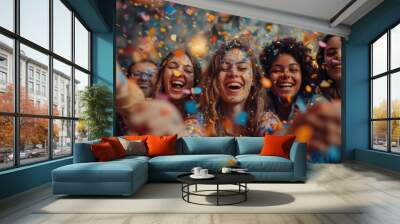 Happy friends are having a blast with colorful confetti flying around, showcasing genuine laughter and joy Wall mural