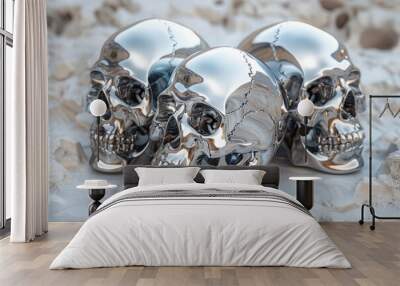 Highly detailed silver skulls arranged on desert sands, invoking thoughts of mortality and time Wall mural