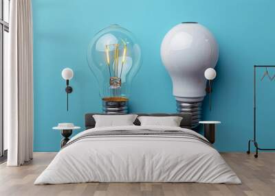 Modern and classic light bulbs lying side by side on a bright blue background, symbolizing old vs new technology Wall mural