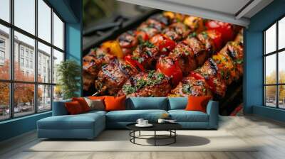 Mouth-watering close-up showcasing skewered grilled meat and vegetables, perfect for foodies Wall mural